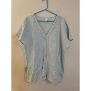 Kona Sol Womens Size Large Cotton Swim Cover Up Top Green Short Sleeve V Neck‎
